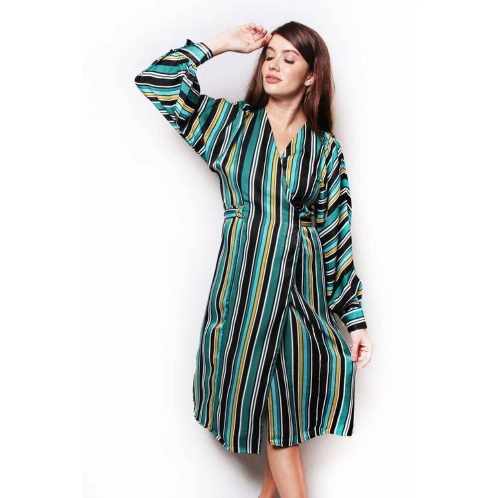 Women's Long Sleeves Striped Button Down Long Dress w/ Belt Small